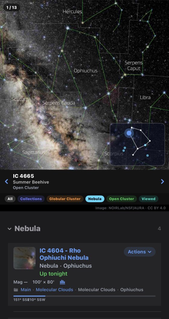 Moondance on iPhone — the Ophiuchus sky map with a constellation locator inset, and the night's nebula targets listed below, IC 4604 flagged "Up tonight".